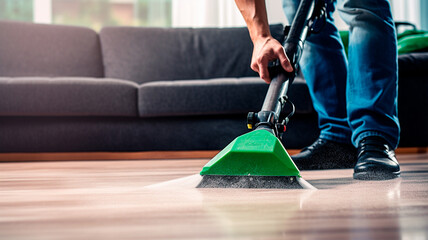 Fototapeta premium cleaning carpet with vacuum cleaner in the apartment