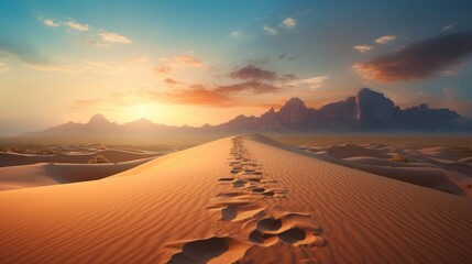 footsteps in the sand of the desert to horizon with sunset