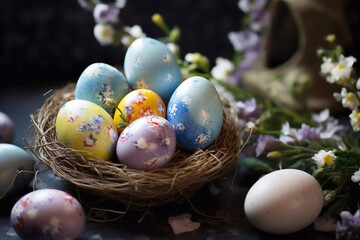 Fototapeta na wymiar Happy Easter background with colorful eegs and flowers. Holiday concept