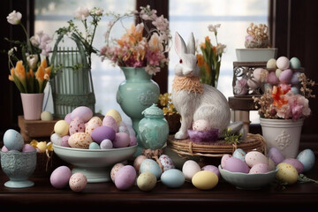 Happy Easter background with colorful eegs and flowers. Holiday concept