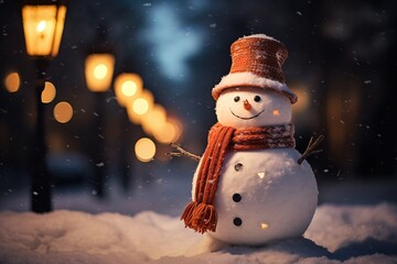 Obraz premium A happy snowman, night warm photo, snow landscape, winter, Merry Christmas and happy new year, macro photography.