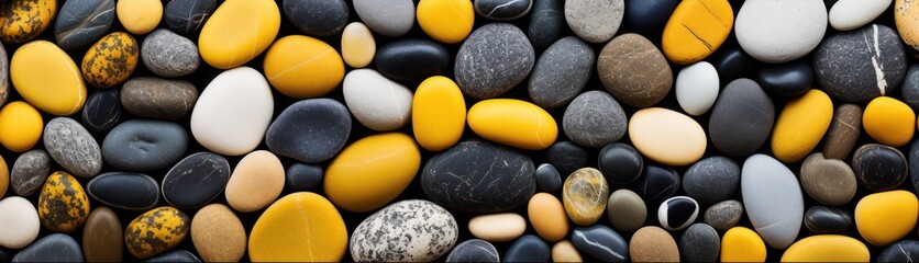 Fototapeta na wymiar decorative black and yellow pebbles, small sea stones, gravel, background, textures