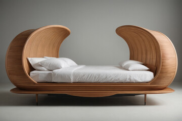 Concept design of cozy bed with wooden decor. Creative bedroom interior design concept.