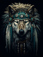 Arctic Wolf with an indian headdress is shown, in the style of dark cyan and dark black created with Generative Ai