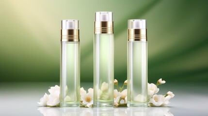 Three bottles of perfume with flowers on a table - Powered by Adobe