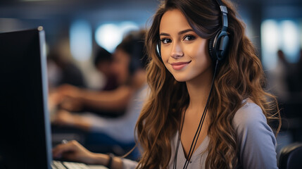 A pretty operator caller girl wearing a headset and looking at the camera with a cute smile 