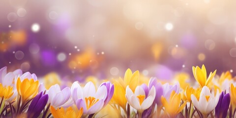 A bunch of purple and yellow flowers in a field, header, footer, panoramic banner image. - obrazy, fototapety, plakaty