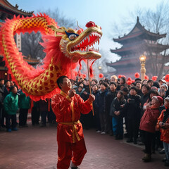 1:1 Chinese people playing paper dragon dances Among the fireworks on Chinese New Year