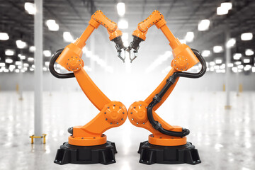 Robot arms touching each other, 3D rendering on industrial background.