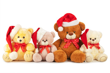 Four toy teddy bears wearing santa hats sit in a row. Isolated on white background