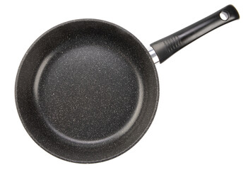Charming non-stick frying pan with handle isolated on white background. top view