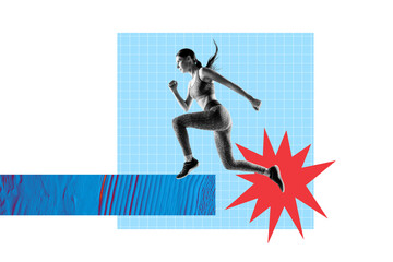 Horizontal creative photo collage young motivated fit sportswoman run jump training for her goal on composite background
