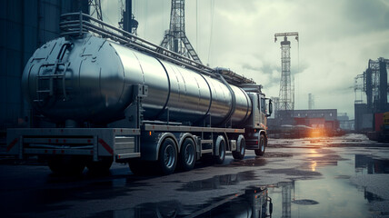 modern industrial fuel truck in a big city with a trailer - obrazy, fototapety, plakaty
