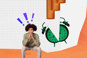 Creative collage picture shocked scared young man stress depressed crack clock deadline no time coin cell abstract orange white background