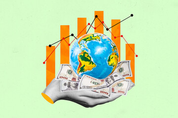 Horizontal surreal photo collage of big arm holding bunch of dollar banknotes and earth globe on...