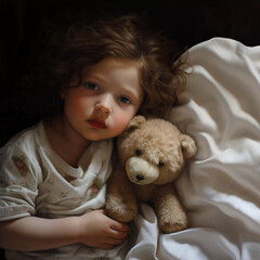 Little child with a teddy bear in bed, close-up photo. Generative AI