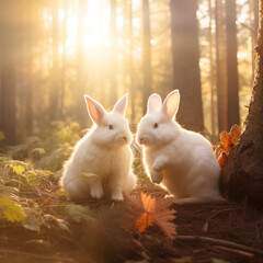 Dois coelhos brancos caminhando na floresta com iluminação quente do sol - Papel de parede no estilo Outonal