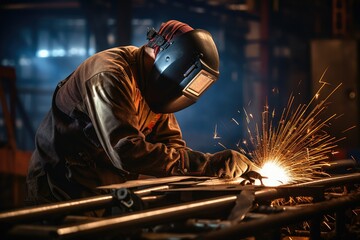 welder is welding metal, Building welder in a safety helmet welding a steel structure at a construction site Ai generated