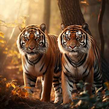 Dois tigres selvagens na floresta com iluminação quente do sol - Papel de parede no estilo Outonal