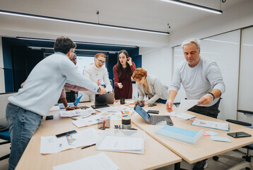 Diverse business professionals collaborate in a classroom, attending a lecture on strategic planning, innovation, and profitability.