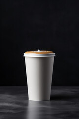 A front view of a white paper cup filled with cortado latte, placed on a clean surface created with Generative Ai