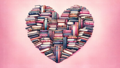 Valentines Day greeting card with Heart Shape Made from Pink Books. Watercolor Illustration of a heart shape formed by various pink books, Love story, love for reading and knowledge. - obrazy, fototapety, plakaty