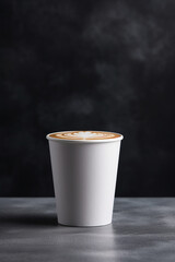 A front view of a white paper cup filled with cortado latte, placed on a clean surface created with Generative Ai