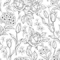 Outline vintage pattern. Roses and tulips