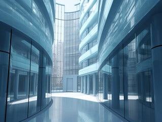 błękitne szklane budynki widziane z perspektywy żaby