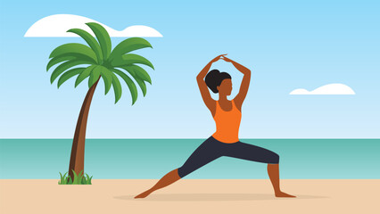 A woman with dark skin doing yoga on a tropical ocean beach with a palm tree.