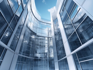 błękitne szklane budynki widziane z perspektywy żaby - obrazy, fototapety, plakaty