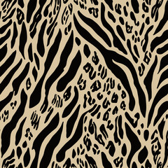 Seamless leopard, tiger, zebra texture, mixed animal print.