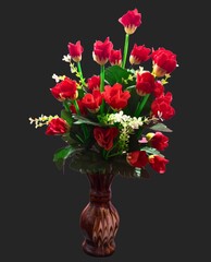 Beautiful dark red roses, flowers in a vase, side view, vertical, white background