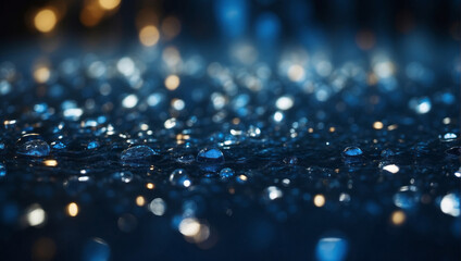 Beautiful glitter blue and yellow lights background. Defocused holidays, bokeh background. Blurred city lights after rain - obrazy, fototapety, plakaty