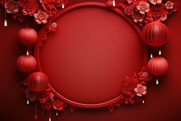 Obraz na płótnie Canvas Chinese New Year Template with Circle Frame and Lanterns on 3D Patterned Background. copy space 