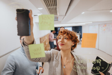Young team collaborating in a modern office, brainstorming and planning projects. Sticky notes on glass reflect a pleasant atmosphere of teamwork.