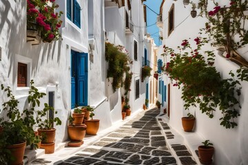 Fototapeta na wymiar **greece,south aegean, horta, empty alley stretching between white-washed houses.