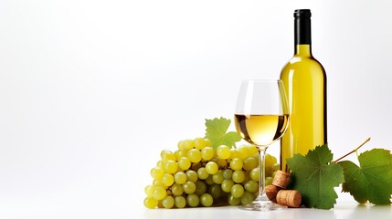 Bottle of white wine, wineglass, grapes, and wine bottle corks isolated on white background. Mockup with copy space.