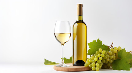 Bottle of white wine, wineglass, grapes, and wine bottle corks isolated on white background. Mockup with copy space.