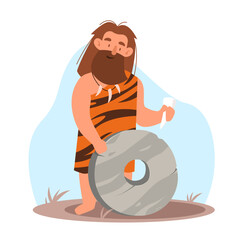 Ancient man with beard makes wheel out of stone. Stone age people, tiger skin clothes. Prehistoric time character. Homo sapiens primitive inventions. Cartoon flat isolated vector concept