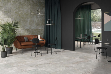 Obraz premium Luxury cafe interior with grey marble floor an walls, brown sofa in waiting area, black table and chairs, fresh plants at corner. 3D Rendering