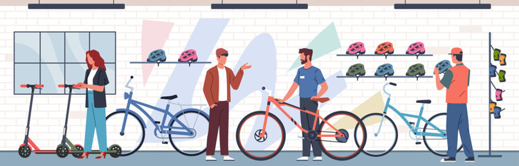 Bicycle store. People choose bicycles, scooters in bike center, happy buyers consult with seller, helmets on shelves, man and woman customers cartoon flat isolated nowaday vector concept