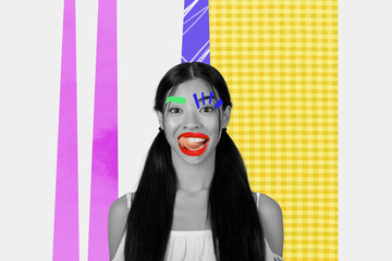 Composite collage of cheerful positive black white colors girl tongue lick lips teeth painted eyebrows isolated on creative background