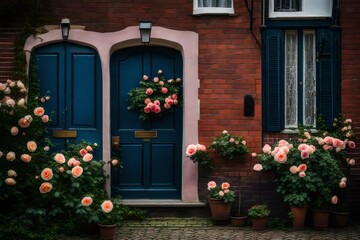 netherlands, utrecht, amersfoort, roses blooming beside entrance door of brick house.