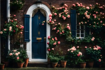 Fototapeta na wymiar netherlands, utrecht, amersfoort, roses blooming beside entrance door of brick house.