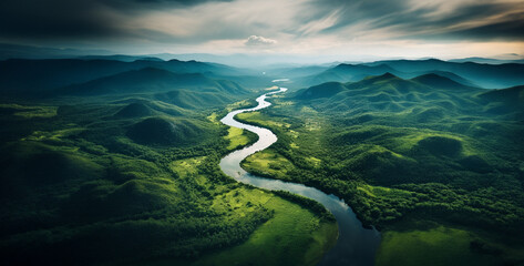 view of the river,a drone photo from above of a still river meander - obrazy, fototapety, plakaty