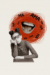 3d abstract creative artwork template collage of sad tired female ignore mouth mocking laugh...