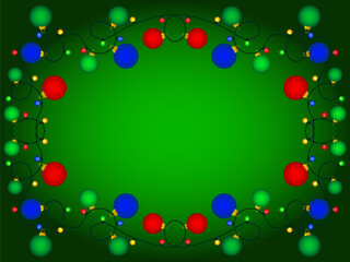 Christmas light frame. Festive frame with Christmas glowing garland and place for text. LED Christmas tree lights. Xmas design for invitation and greeting card. Vector illustration