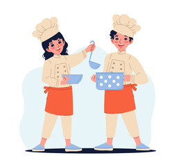 Cheerful boy and girl in chef costume holding pot and plate. Happy kids cooking food. Children in hat and apron. restaurant and cafe professional workers. Cartoon isolated vector concept
