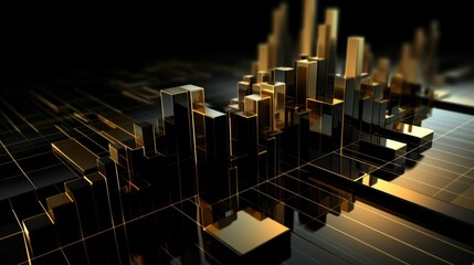 Dynamic 3D financial bar graph with soaring golden columns, representing growth, investment success, and market data in a visually striking way.